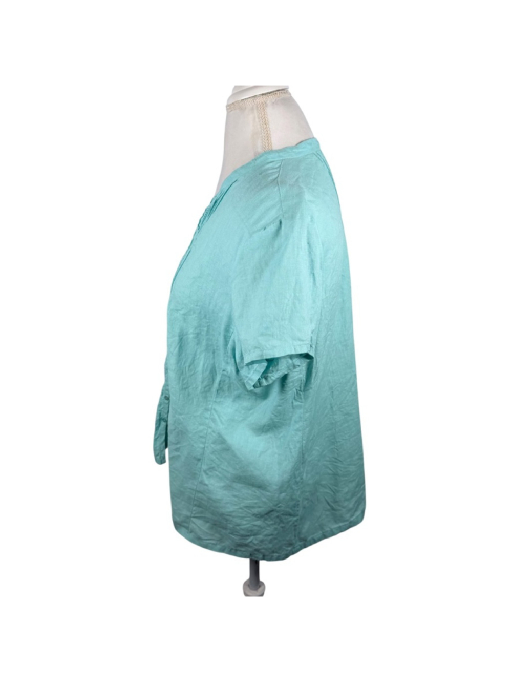 Eileen Fisher System Irish Linen Top Turquoise Pin Tuck Blouse Relaxed Size L - Picture 3 of 10